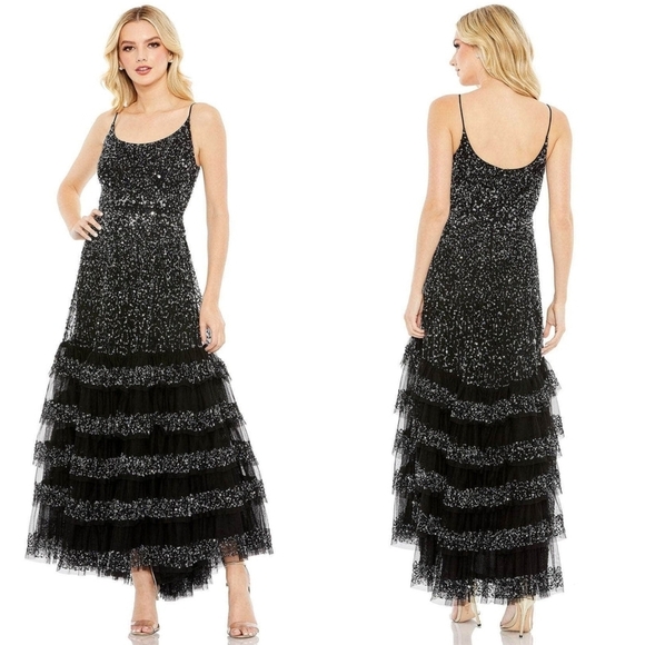 Mac Duggal 10883 Embellished Tiered Sequin Gown Dress 8 Wedding Formal Event